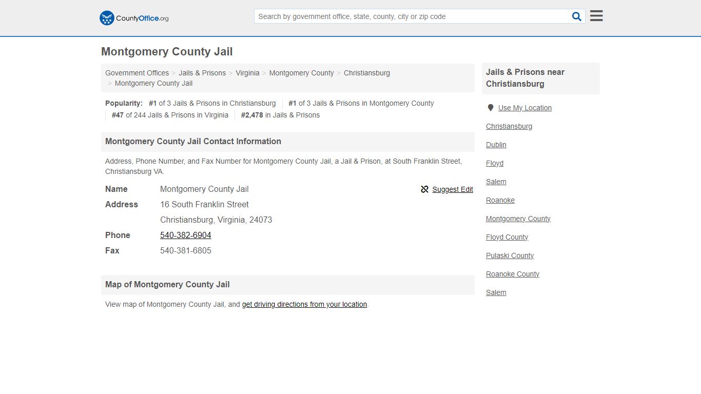 Montgomery County Jail - Christiansburg, VA (Address, Phone, and Fax)